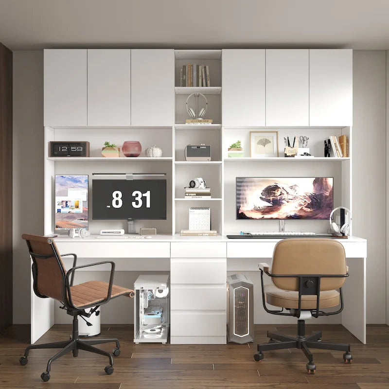 White Two-Person Workstation Desk with Storage Shelves