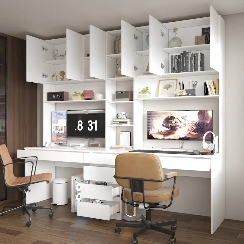 White Two-Person Workstation Desk with Storage Shelves