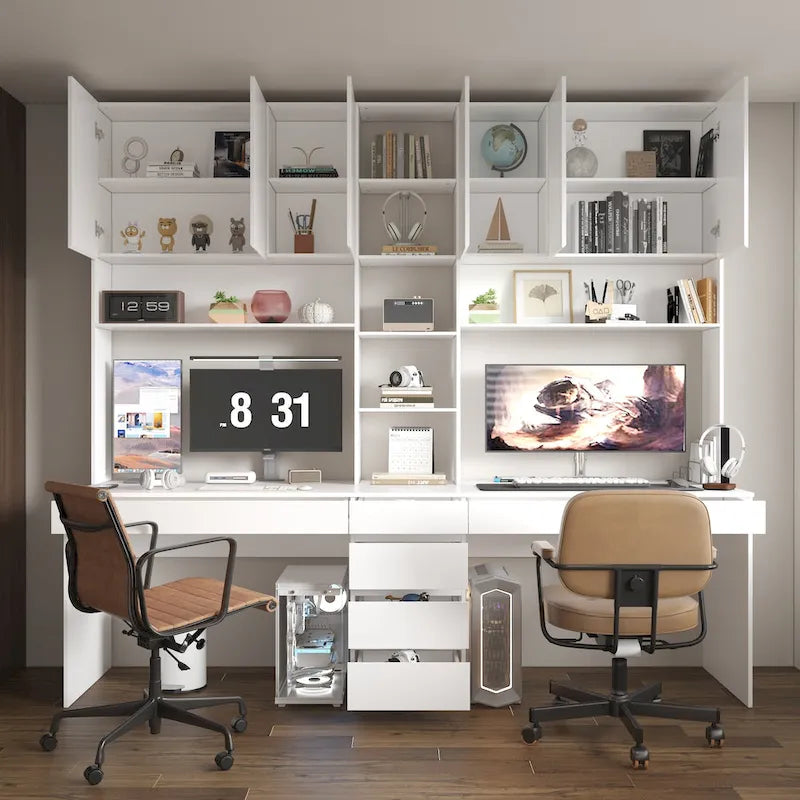 White Two-Person Workstation Desk with Storage Shelves