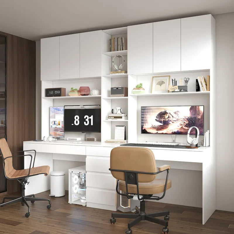 White Two-Person Workstation Desk with Storage Shelves