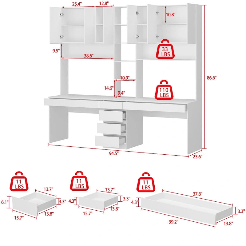 White Two-Person Workstation Desk with Storage Shelves