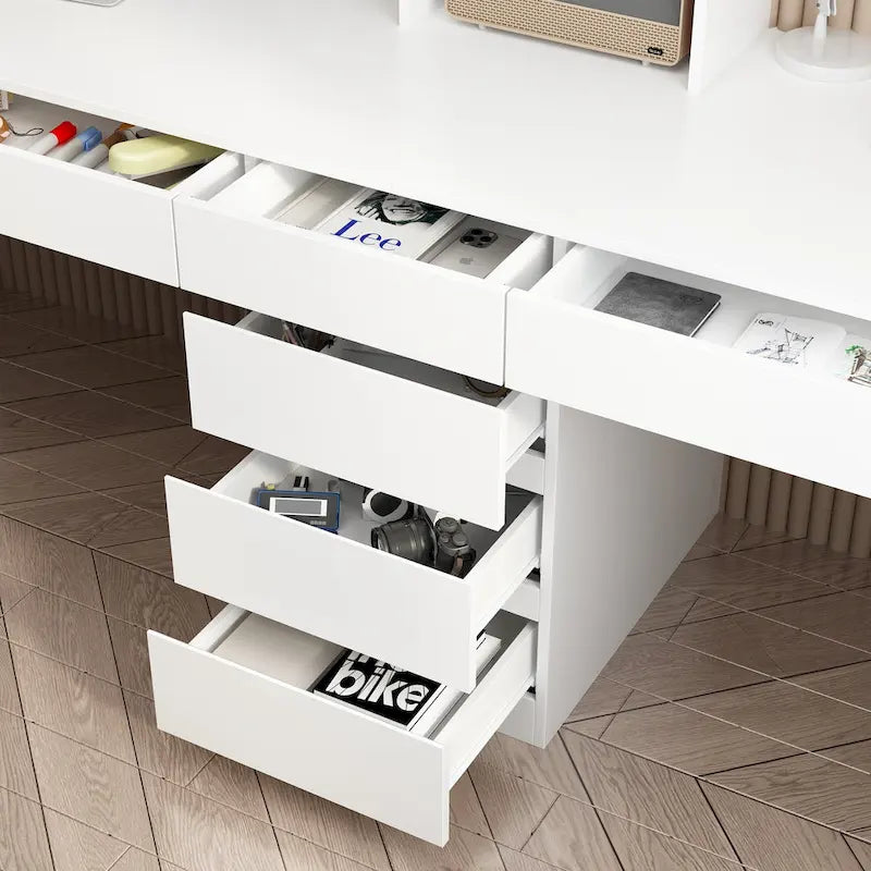 White Two-Person Workstation Desk with Storage Shelves