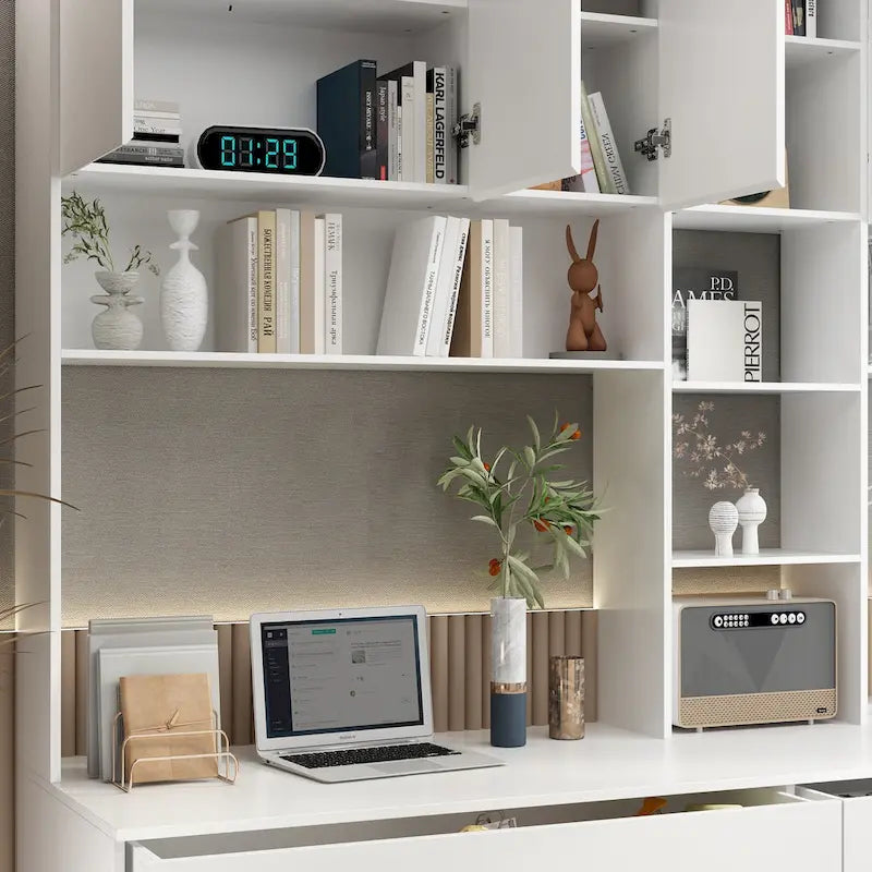 White Two-Person Workstation Desk with Storage Shelves