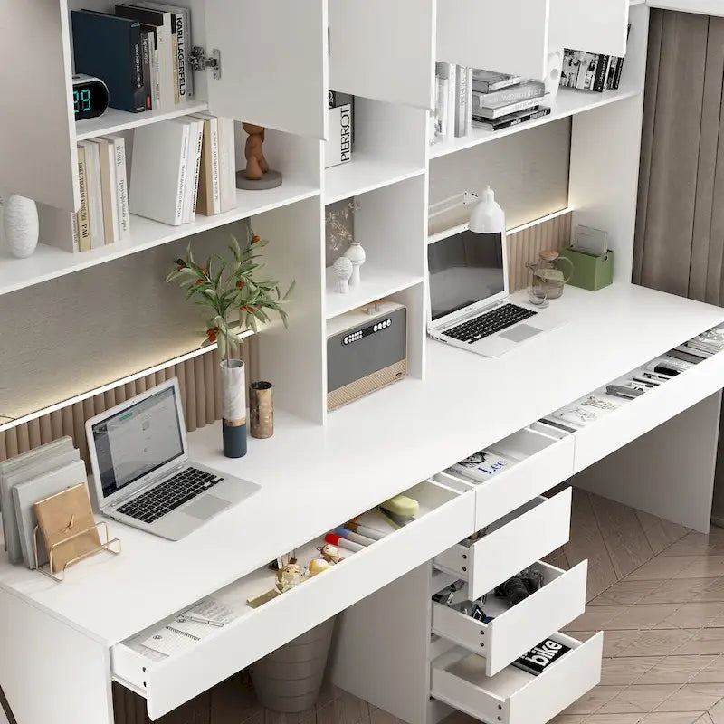 White Two-Person Workstation Desk with Storage Shelves