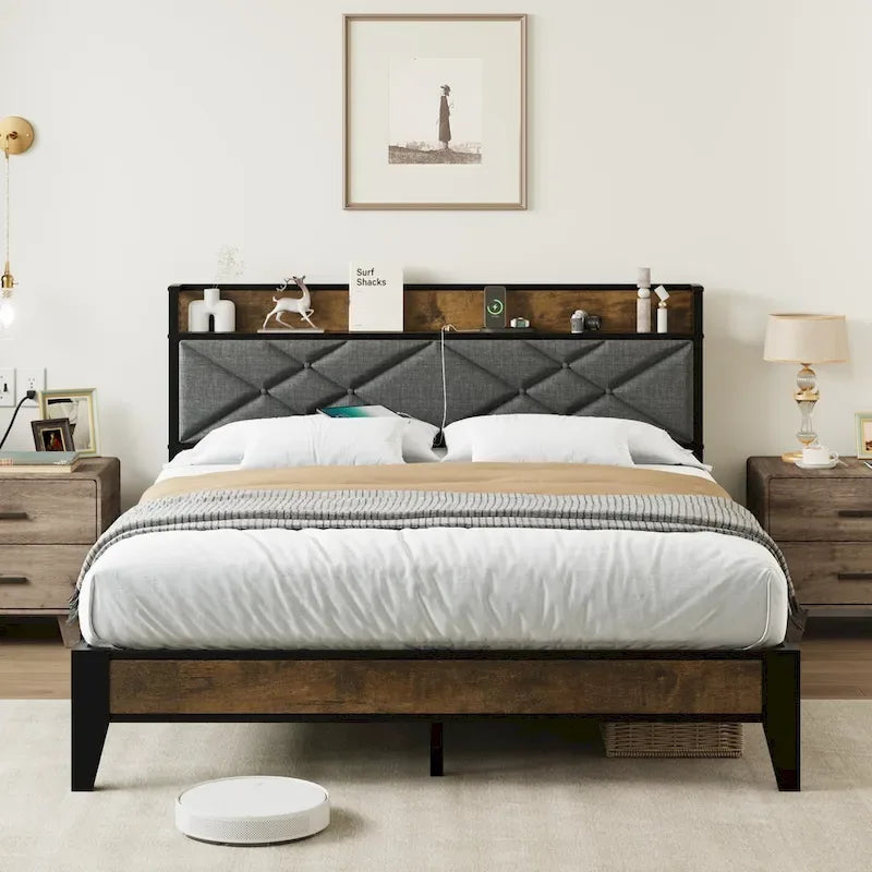 Upholstered Metal Platform Bed with Charging Station and Shelf