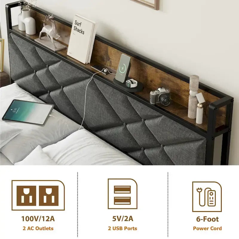 Upholstered Metal Platform Bed with Charging Station and Shelf