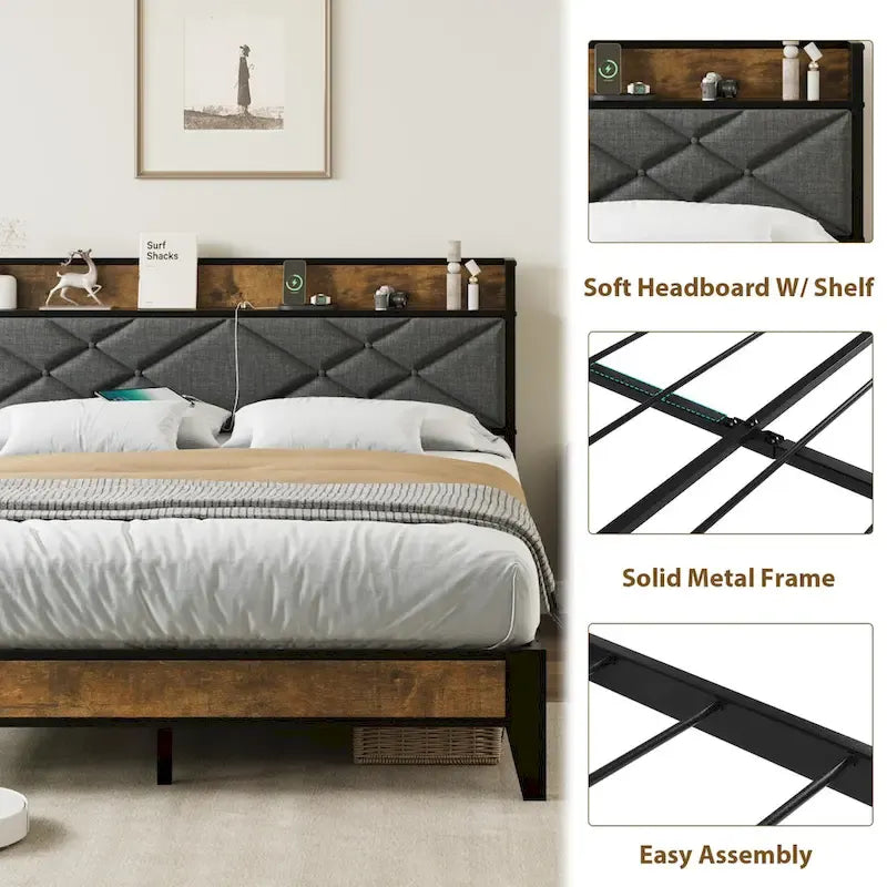 Upholstered Metal Platform Bed with Charging Station and Shelf