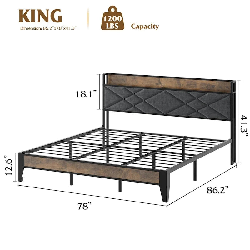 Upholstered Metal Platform Bed with Charging Station and Shelf