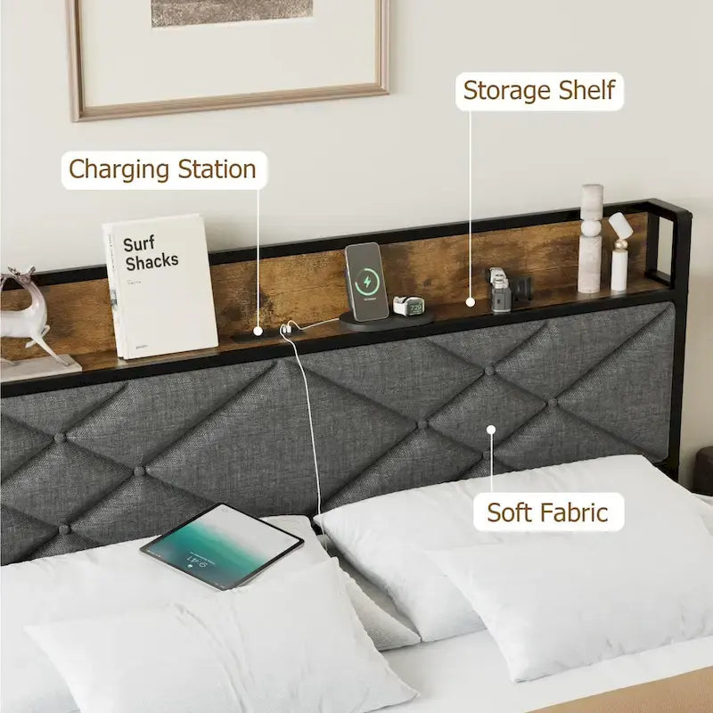 Upholstered Metal Platform Bed with Charging Station and Shelf