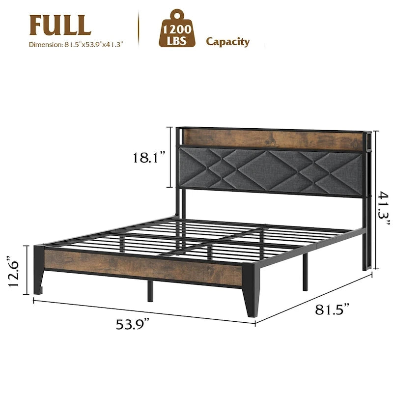 Upholstered Metal Platform Bed with Charging Station and Shelf