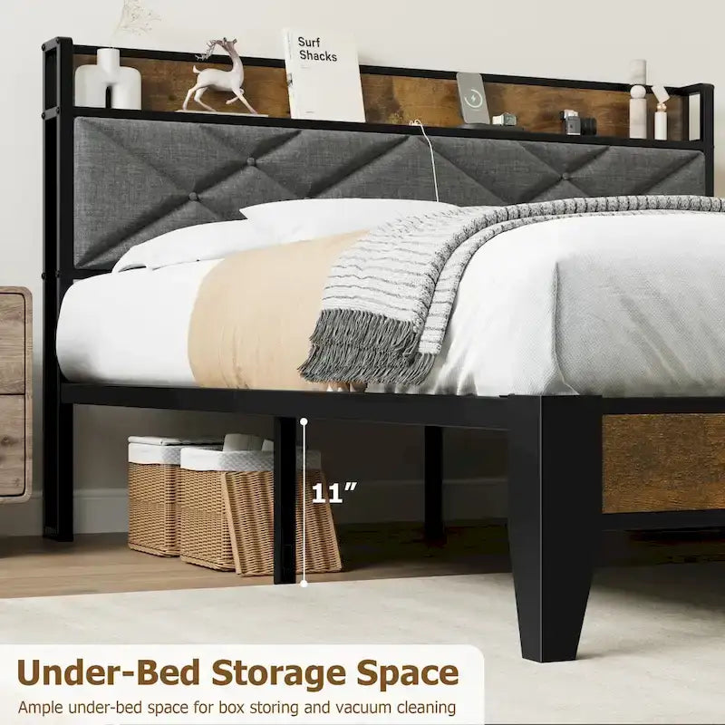 Upholstered Metal Platform Bed with Charging Station and Shelf