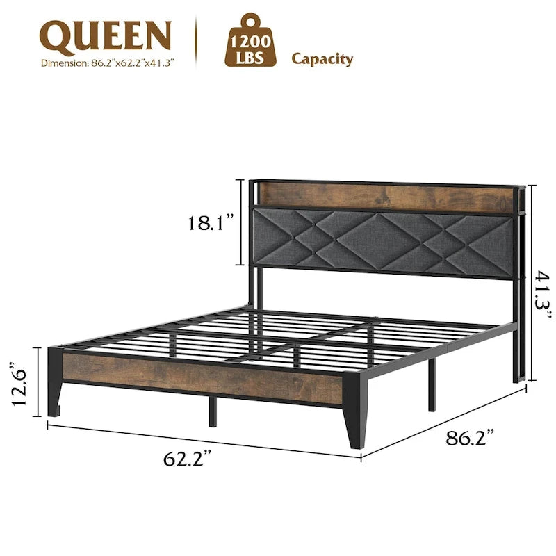 Upholstered Metal Platform Bed with Charging Station and Shelf