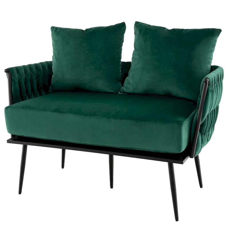 Samt-Loveseat mit geflochtenen Armlehnen und zwei Kissen