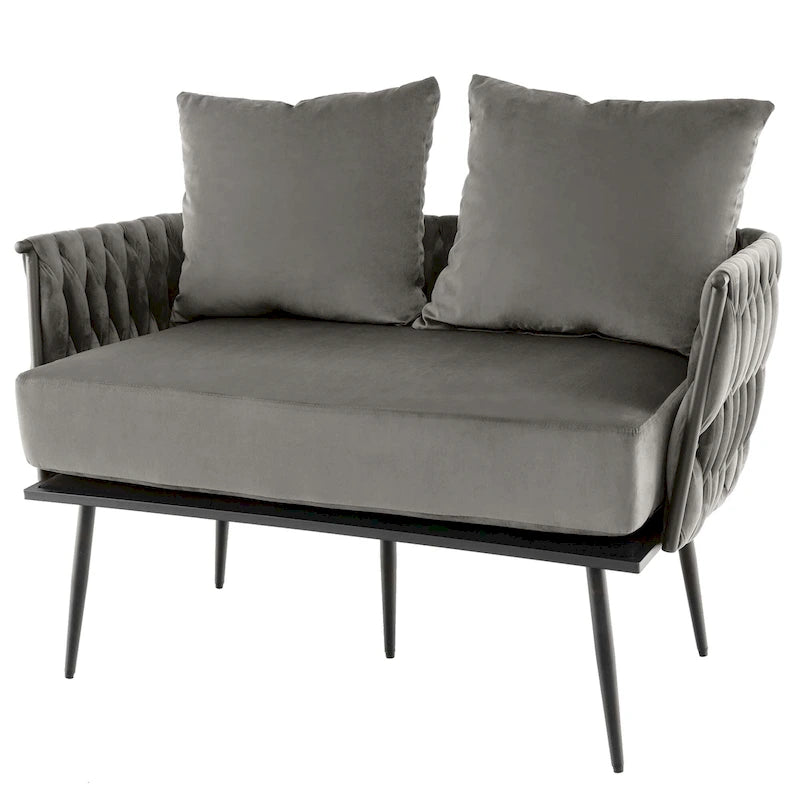 Velvet Loveseat with Woven Arms and Two Pillows