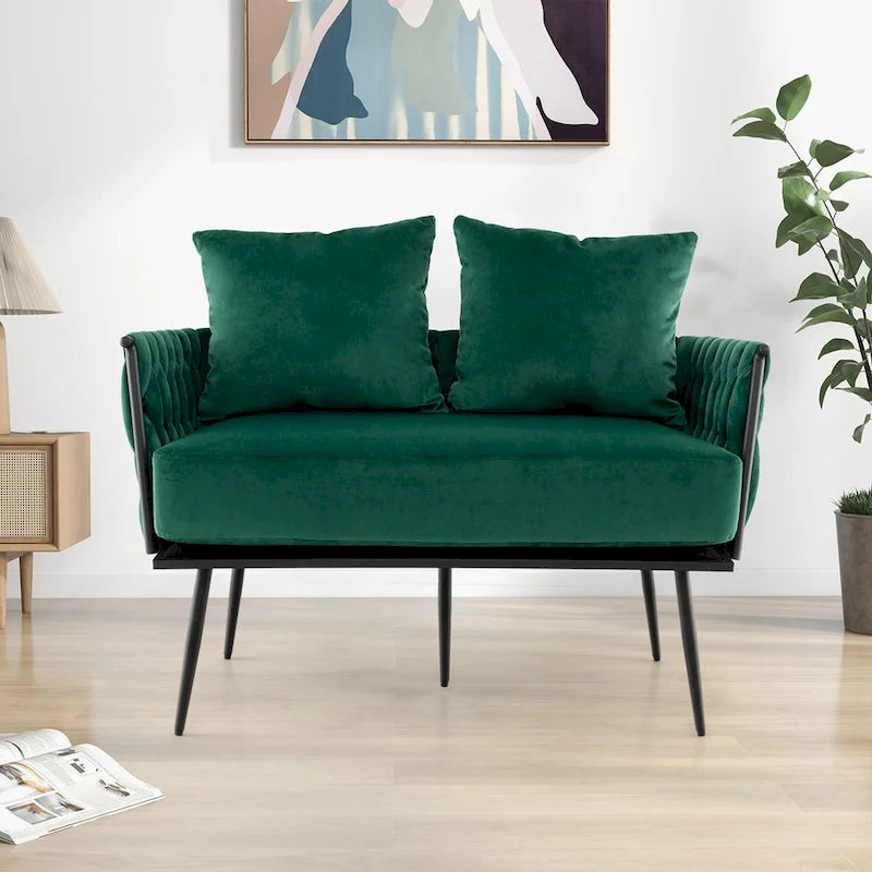 Velvet Loveseat with Woven Arms and Two Pillows