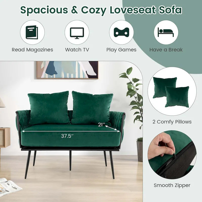 Samt-Loveseat mit geflochtenen Armlehnen und zwei Kissen
