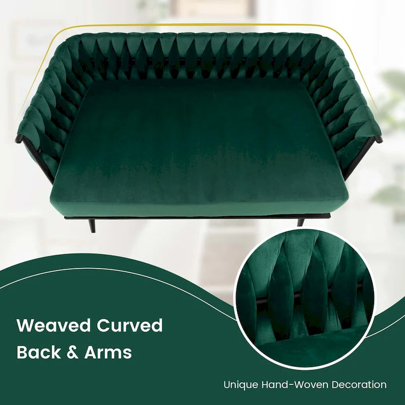 Samt-Loveseat mit geflochtenen Armlehnen und zwei Kissen