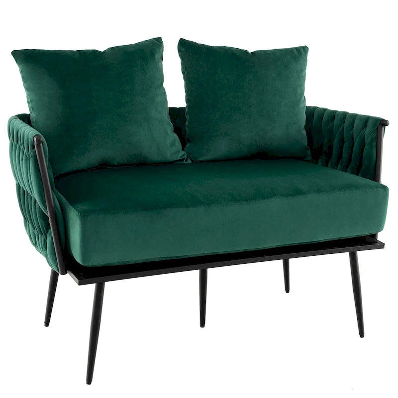 Samt-Loveseat mit geflochtenen Armlehnen und zwei Kissen