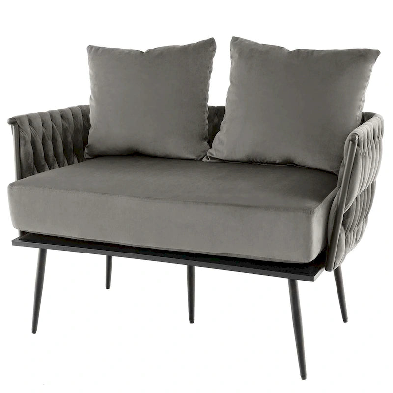 Samt-Loveseat mit geflochtenen Armlehnen und zwei Kissen
