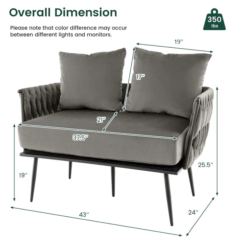 Samt-Loveseat mit geflochtenen Armlehnen und zwei Kissen