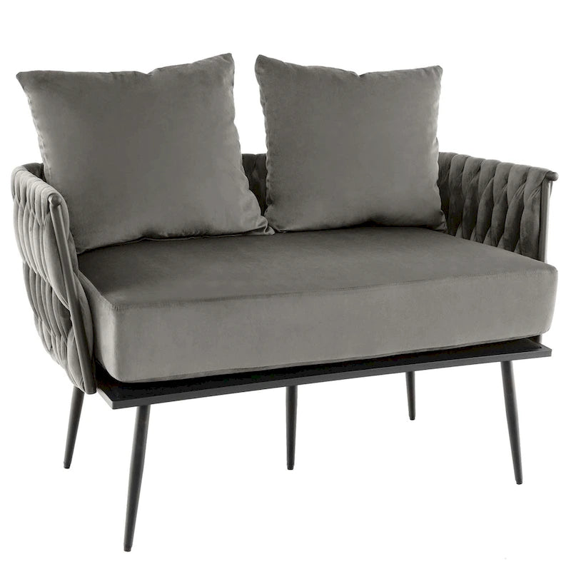 Samt-Loveseat mit geflochtenen Armlehnen und zwei Kissen