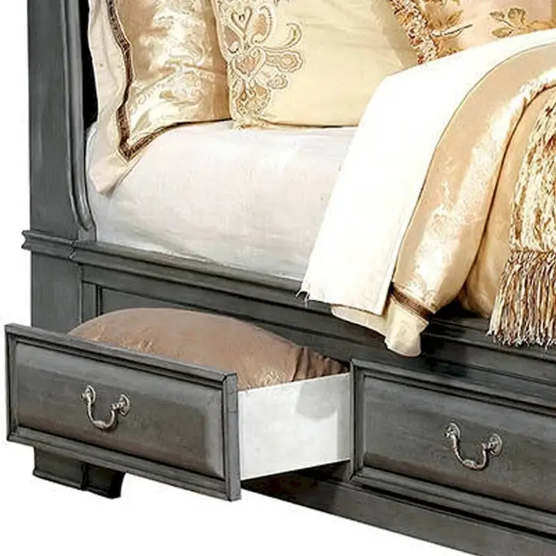 Gray California King Wood Bed with Storage Drawers
