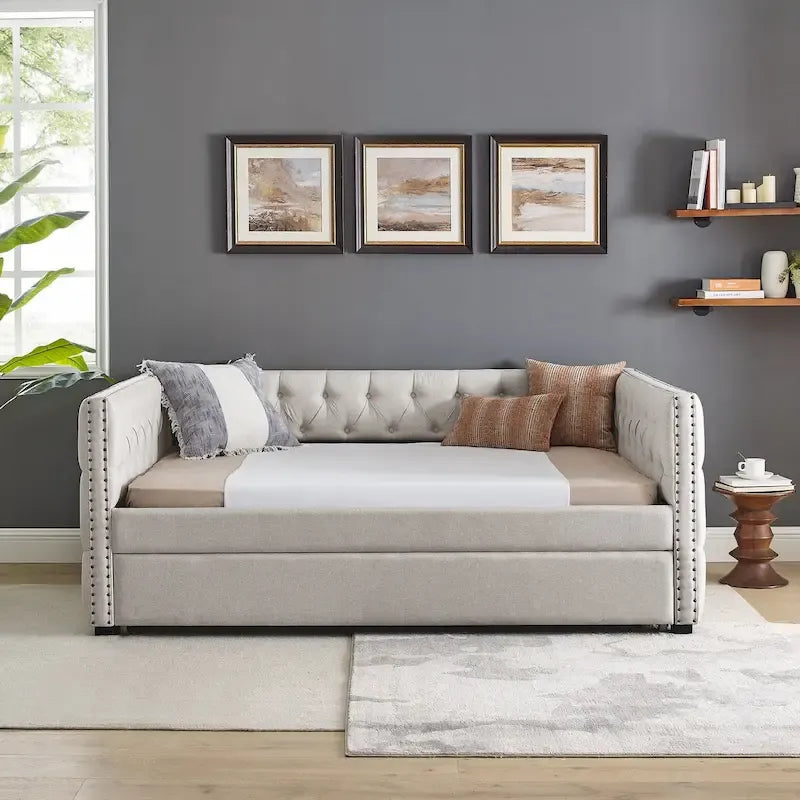 Upholstered Daybed with Pull-Out Trundle and Nailhead Trim