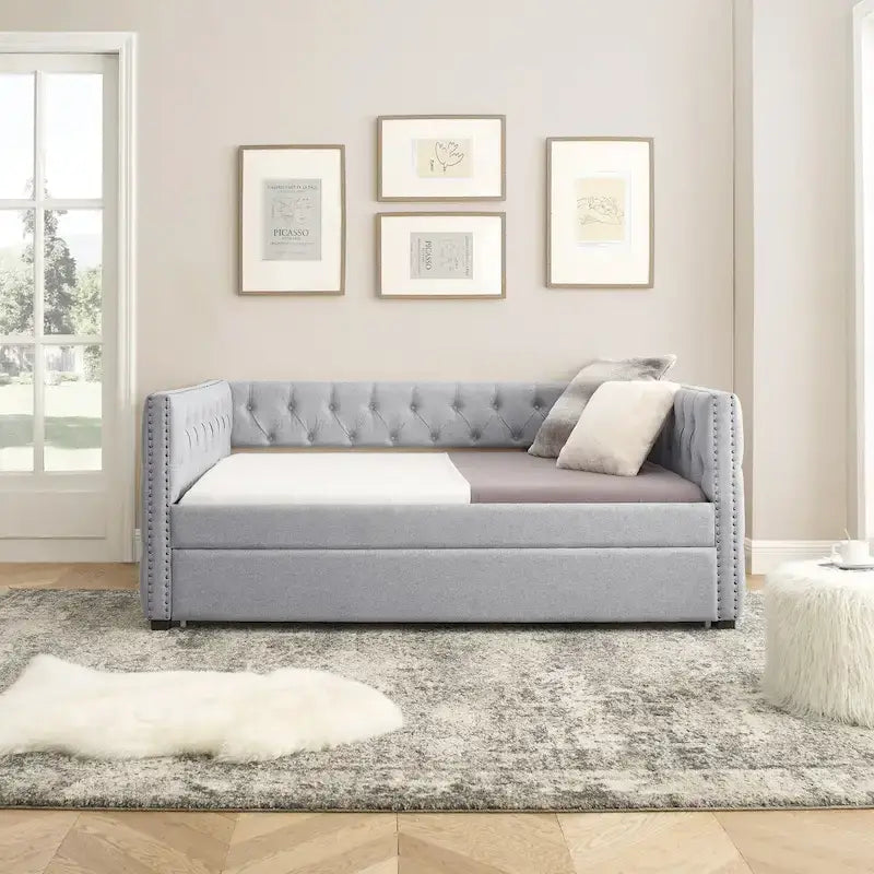 Upholstered Daybed with Pull-Out Trundle and Nailhead Trim