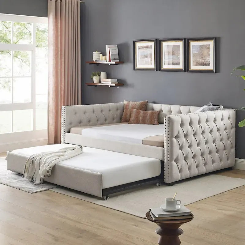 Upholstered Daybed with Pull-Out Trundle and Nailhead Trim