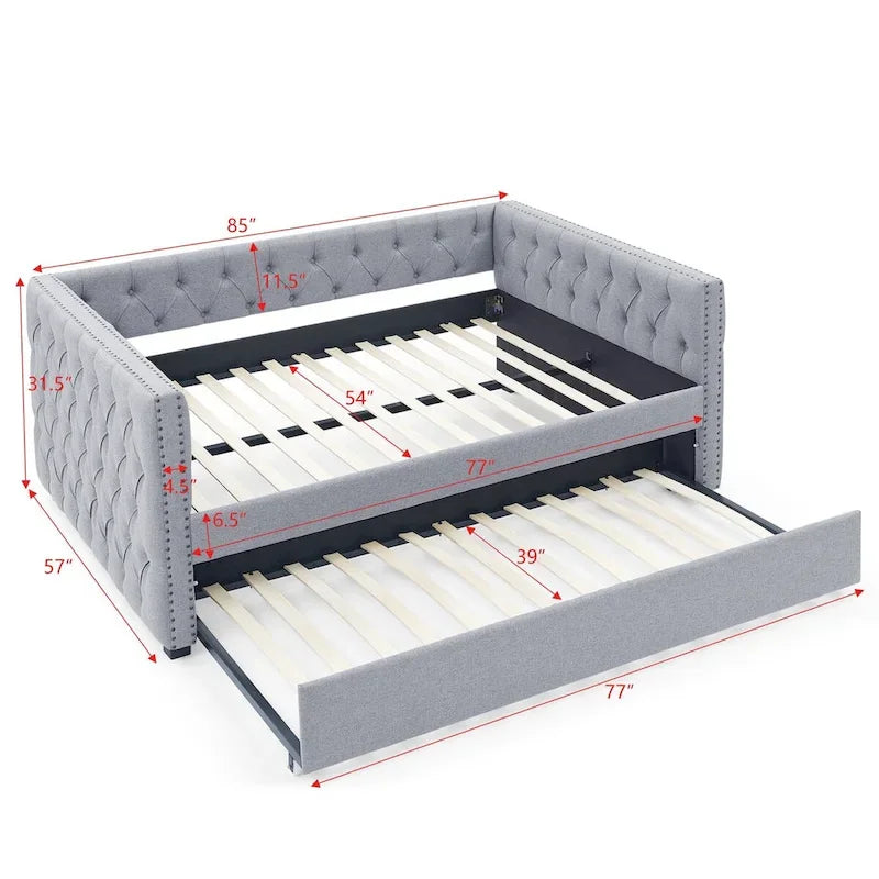 Upholstered Daybed with Pull-Out Trundle and Nailhead Trim