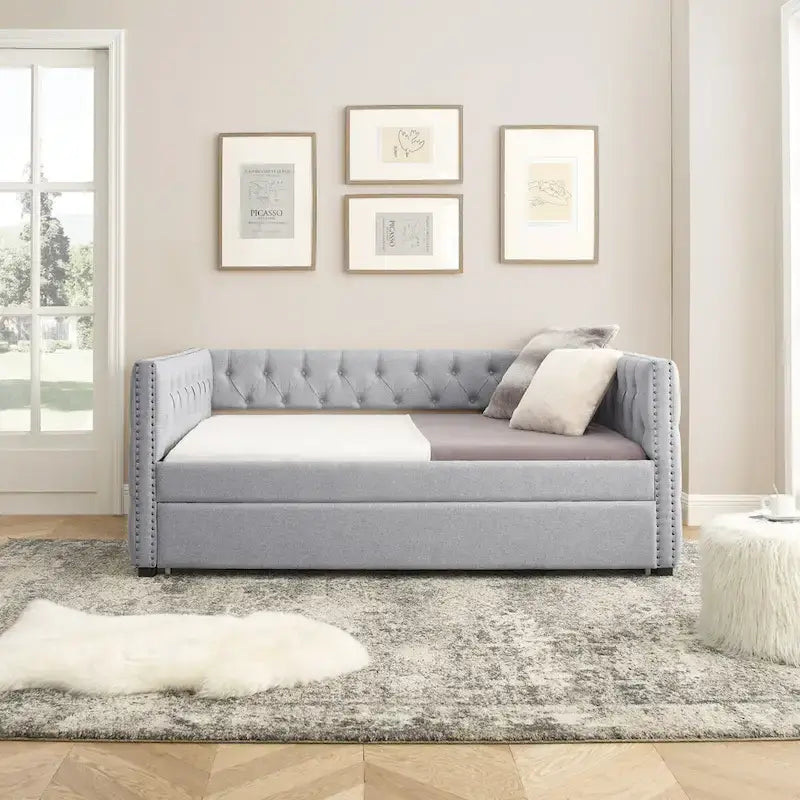 Upholstered Daybed with Pull-Out Trundle and Nailhead Trim