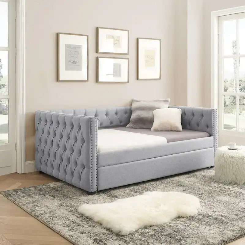 Upholstered Daybed with Pull-Out Trundle and Nailhead Trim