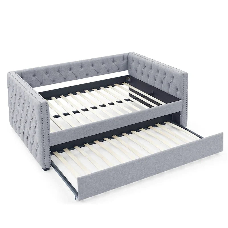 Upholstered Daybed with Pull-Out Trundle and Nailhead Trim