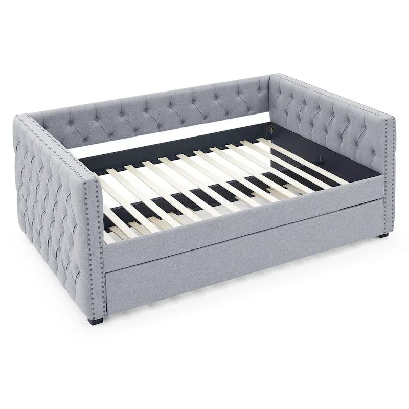 Upholstered Daybed with Pull-Out Trundle and Nailhead Trim