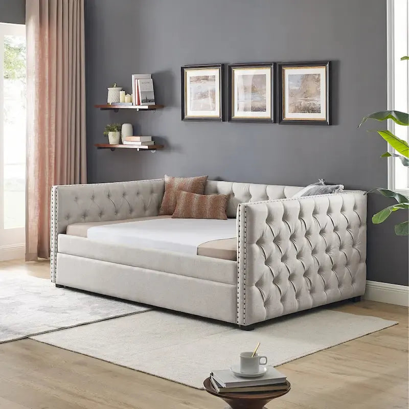 Upholstered Daybed with Pull-Out Trundle and Nailhead Trim