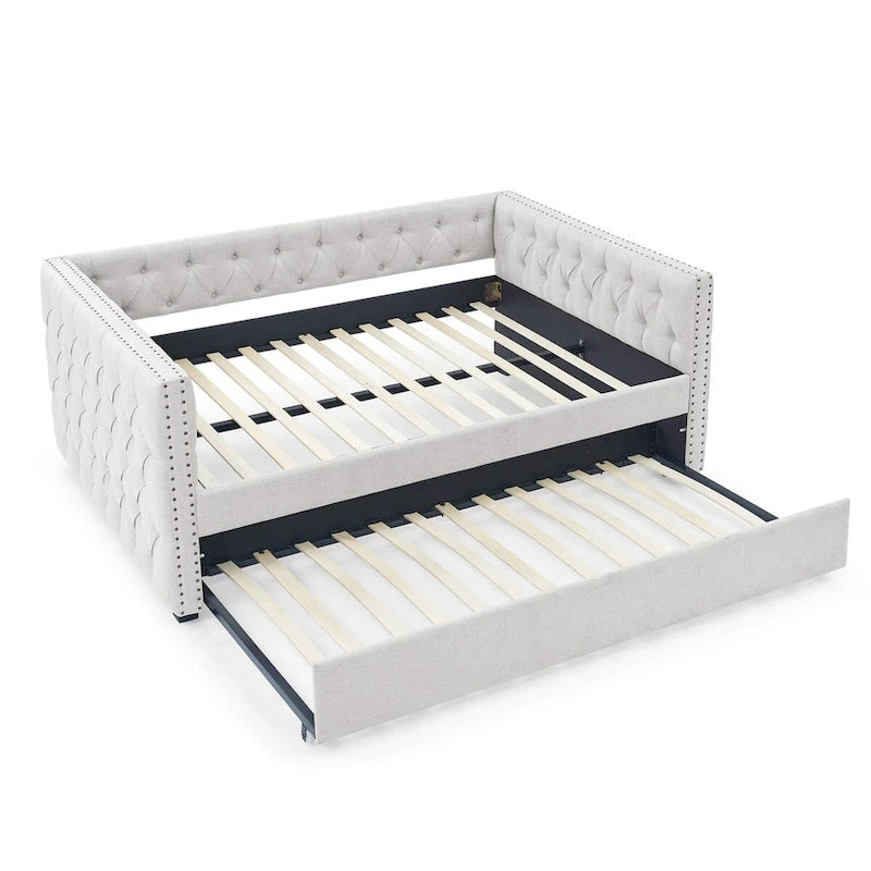 Upholstered Daybed with Pull-Out Trundle and Nailhead Trim
