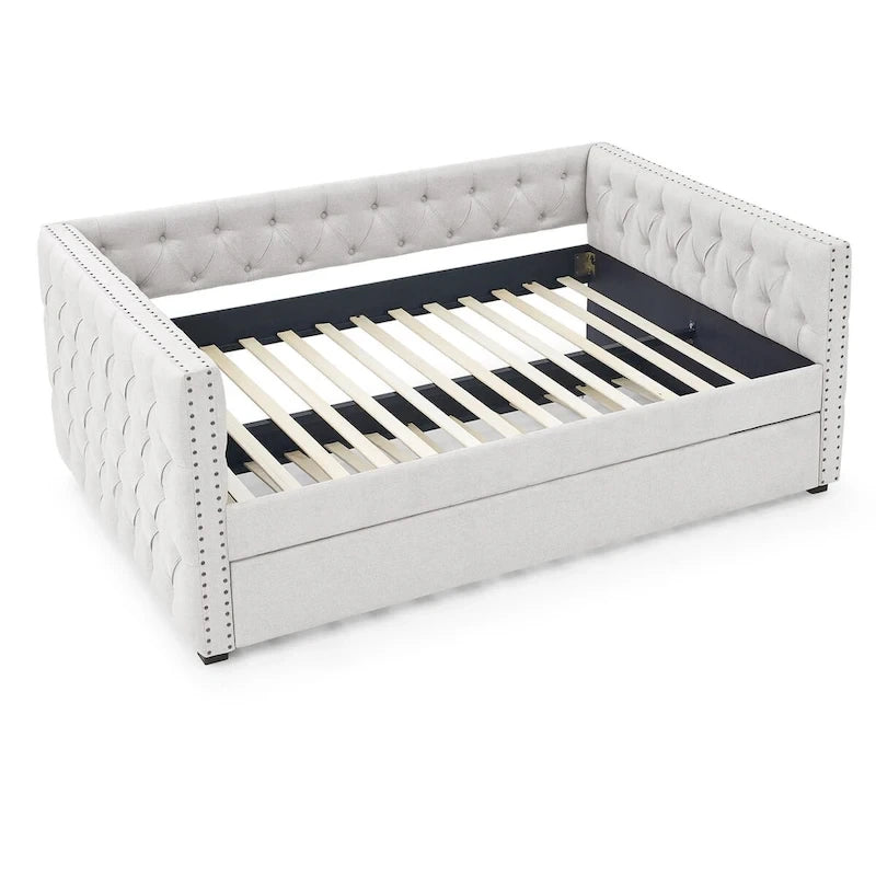 Upholstered Daybed with Pull-Out Trundle and Nailhead Trim