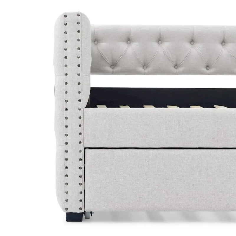 Upholstered Daybed with Pull-Out Trundle and Nailhead Trim
