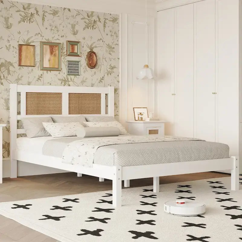 White Full Platform Bed with Natural Rattan Headboard