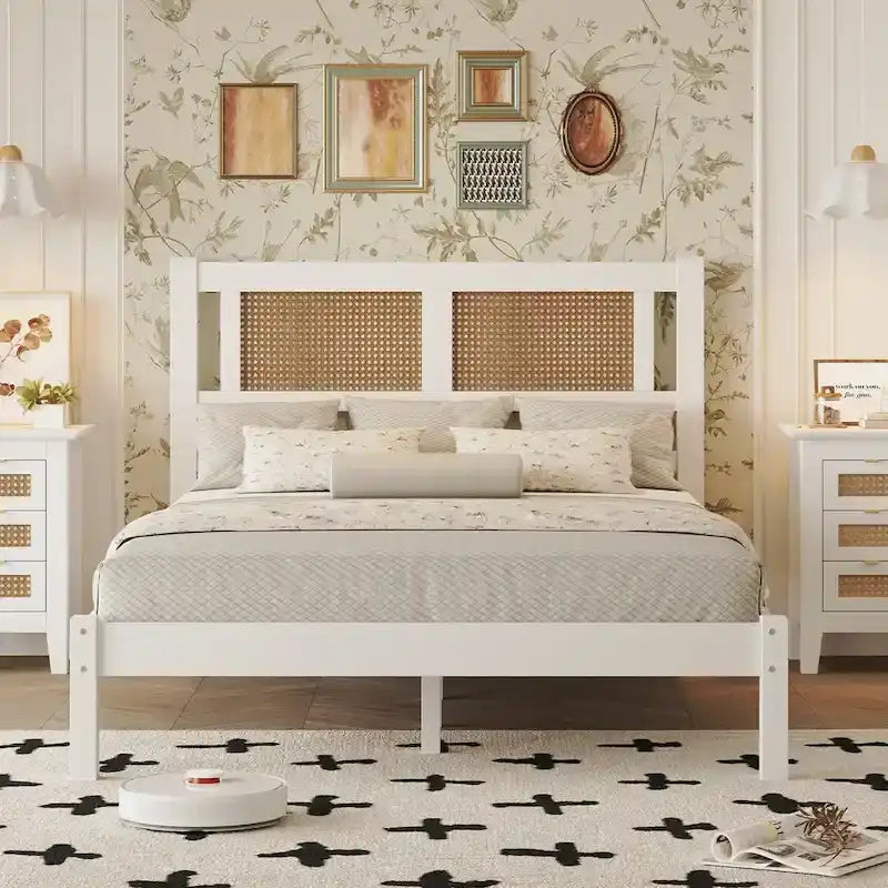 White Full Platform Bed with Natural Rattan Headboard