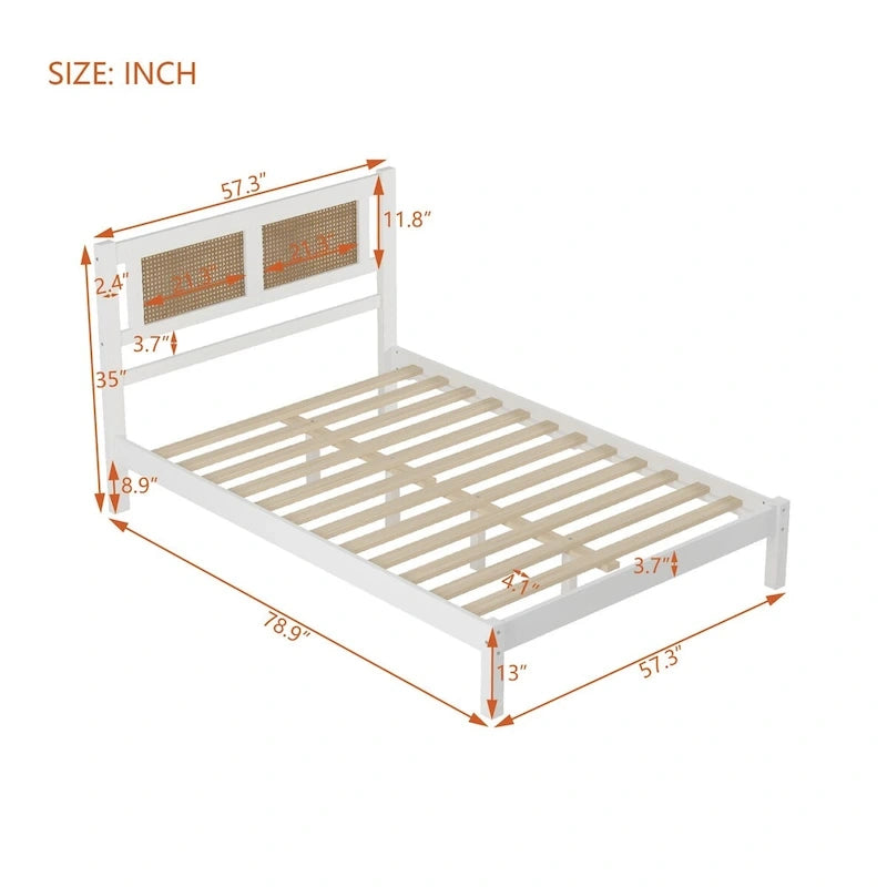 White Full Platform Bed with Natural Rattan Headboard