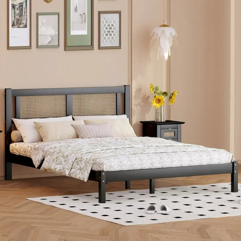 White Full Platform Bed with Natural Rattan Headboard