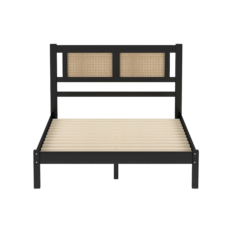 White Full Platform Bed with Natural Rattan Headboard