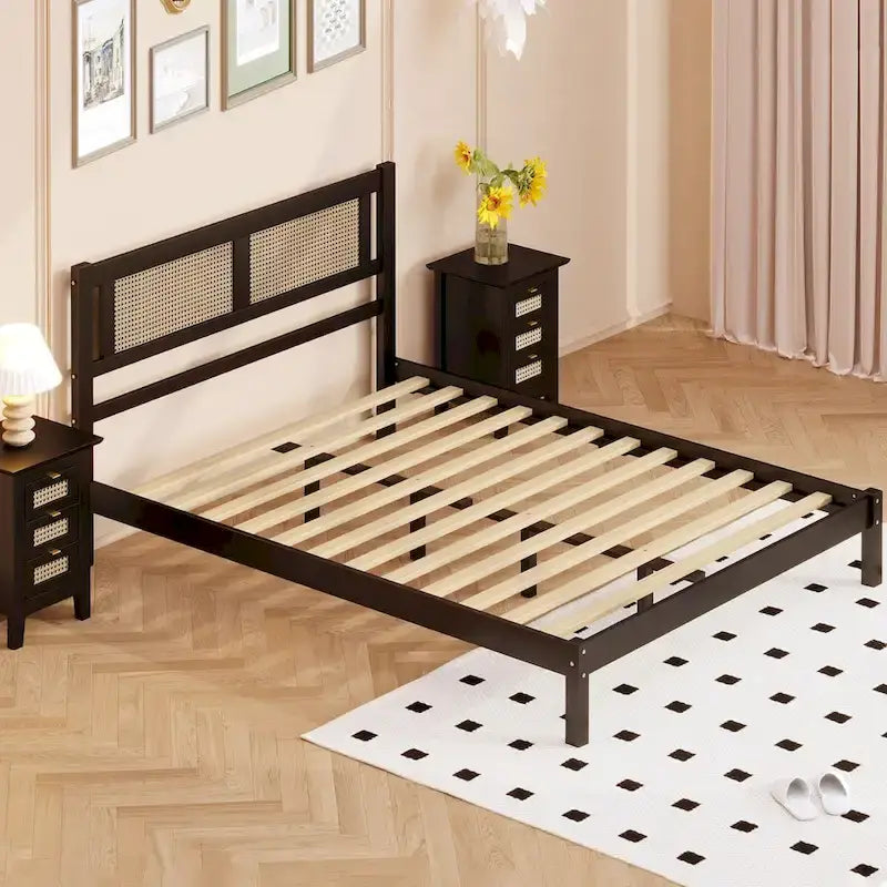 White Full Platform Bed with Natural Rattan Headboard