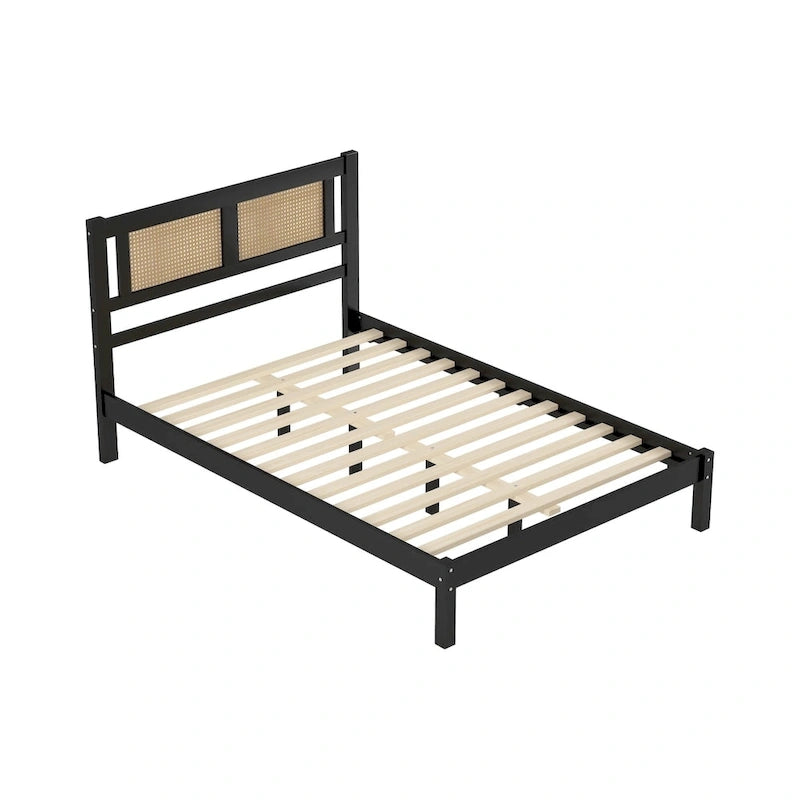 White Full Platform Bed with Natural Rattan Headboard