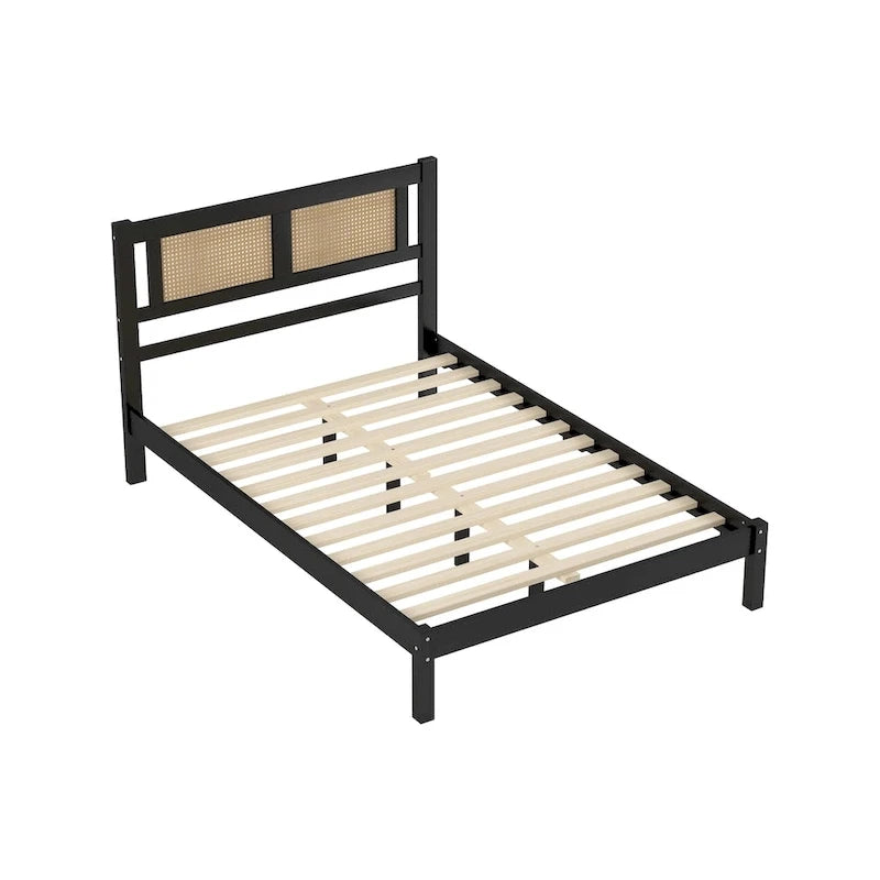 White Full Platform Bed with Natural Rattan Headboard