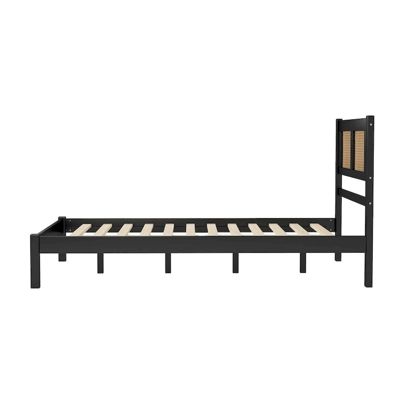 White Full Platform Bed with Natural Rattan Headboard