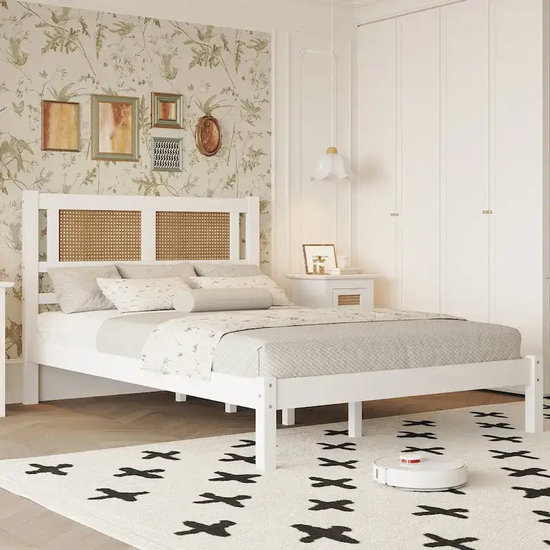 White Full Platform Bed with Natural Rattan Headboard