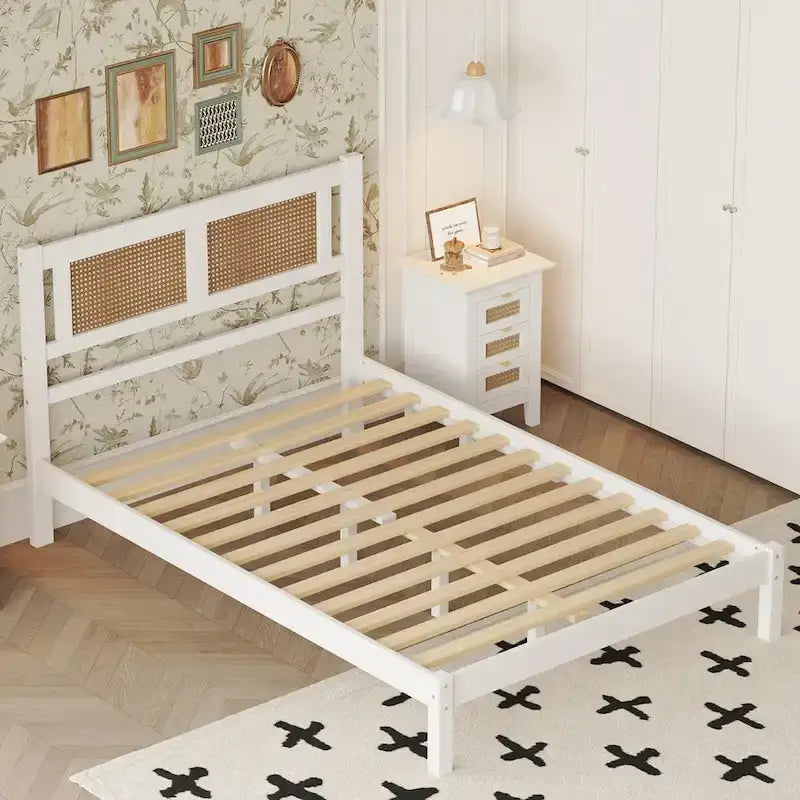 White Full Platform Bed with Natural Rattan Headboard