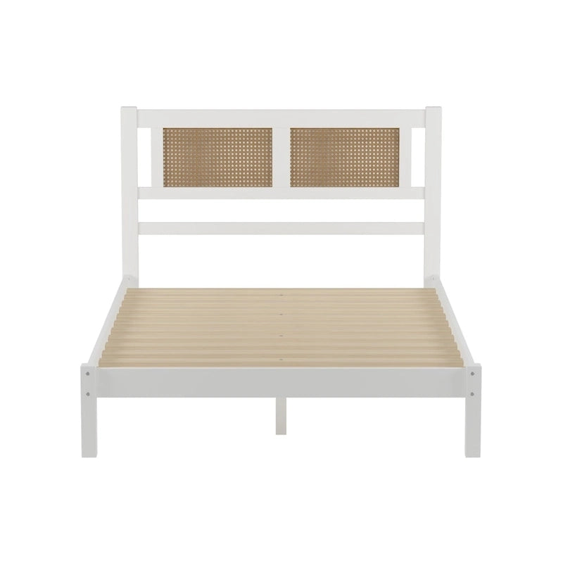 White Full Platform Bed with Natural Rattan Headboard